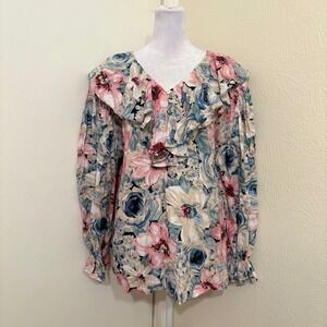 Vintage Class Pink Blue Floral Ruffle Neck Cottagecore Prairie Cotton Blouse XL